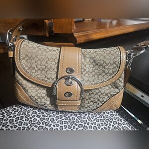 Small Coach Tan and Brown Signature Shoulder Bag (See measurements)